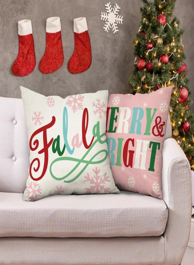 Fjfz Merry Christmas Bright Decorative Throw Pillow Covers 18 x 18 Set of 4, Pink Xmas Falala Hohoho Santa Hat Porch Outdoor Home Decor, Winter Holiday Snowflake Sofa Couch Cushion Case - Image 5