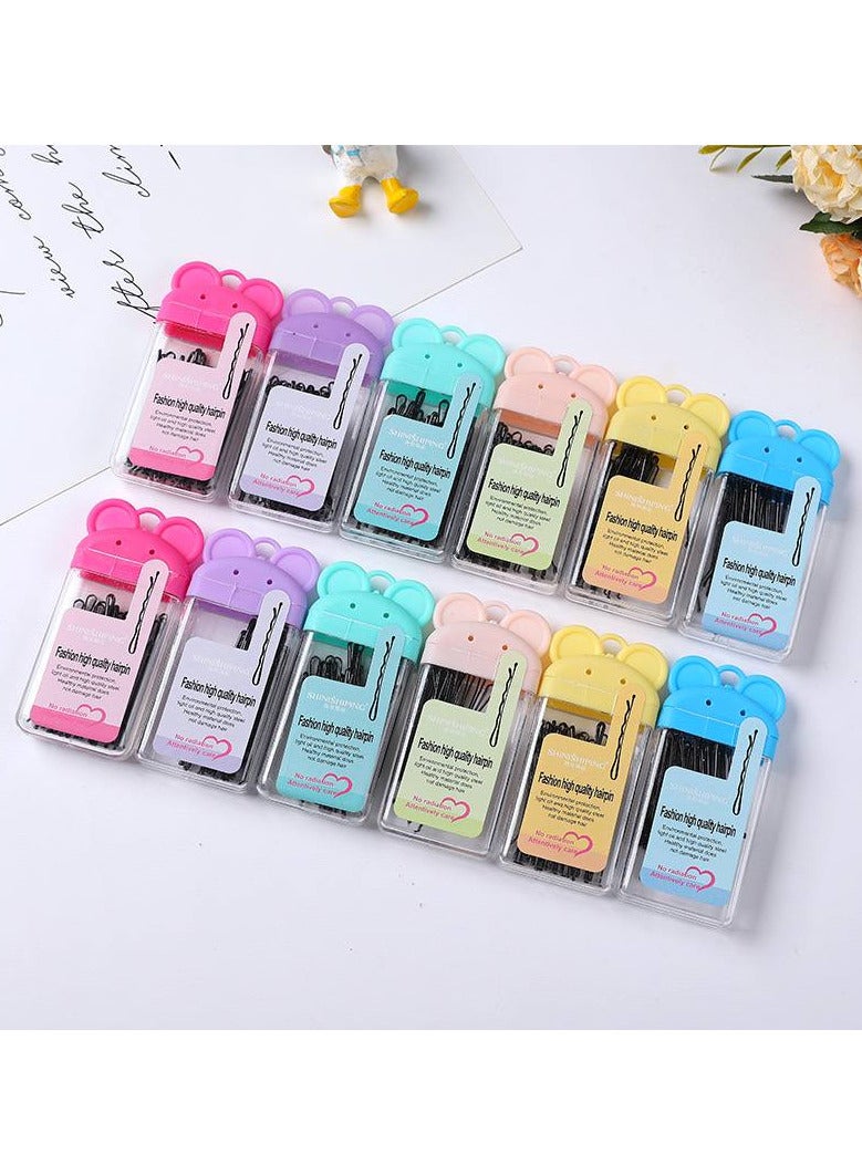 A box of 24 hair bobby pins, multi-colour