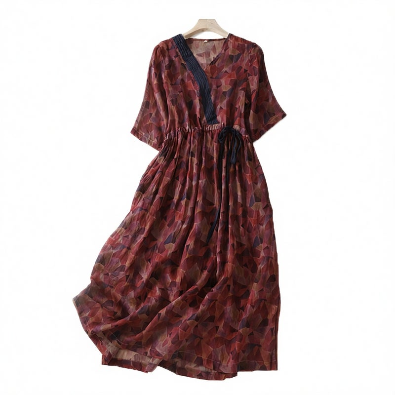 Linen Print Dress V-Neck Tie Waist Long Sleeve Midi Dress