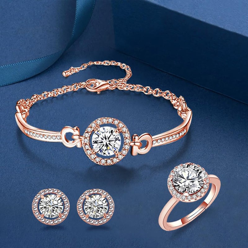 Wovanoo Women 4Pieces Cubic Zirconia Jewellery Set Rhinestone Necklace Earrings Bracelet Ring Rose Gold - Image 4
