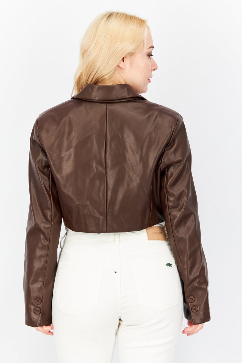 Women Faux Leather Crop Jacket, Brown