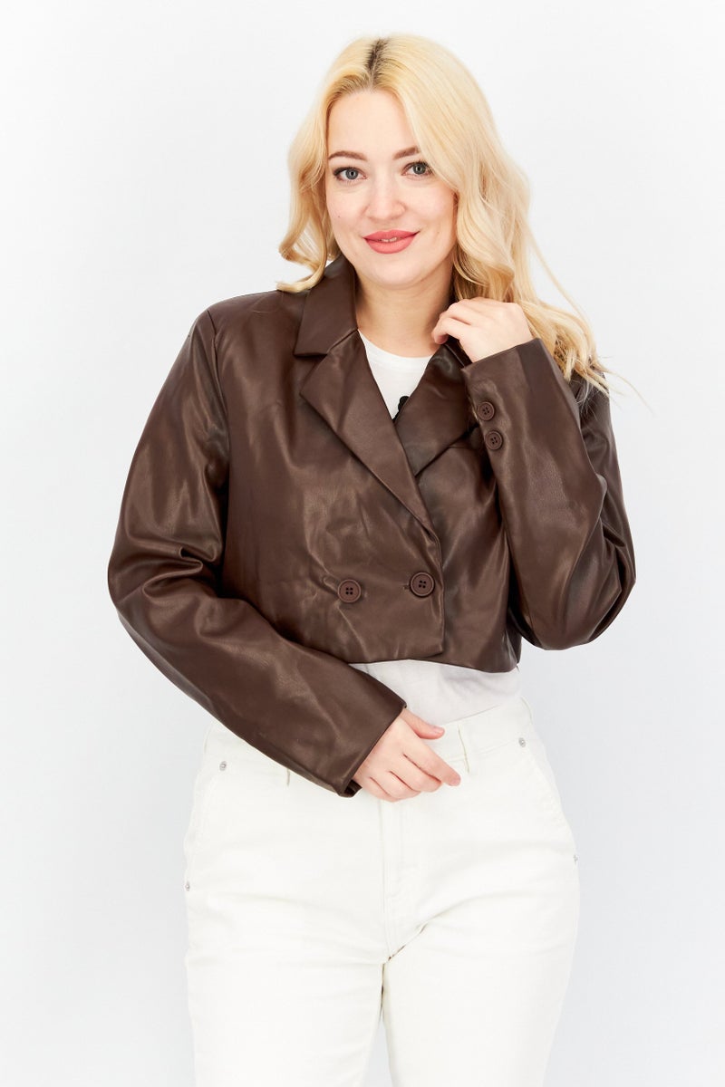 Women Faux Leather Crop Jacket, Brown