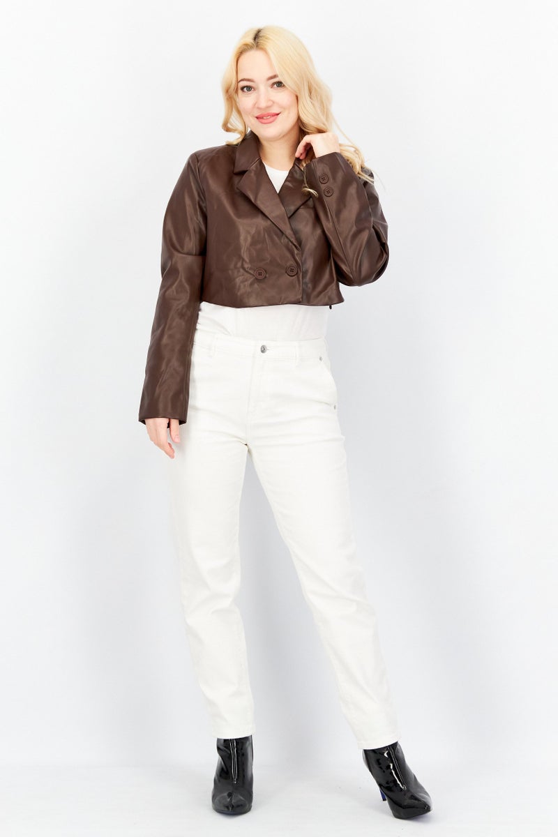 Women Faux Leather Crop Jacket, Brown