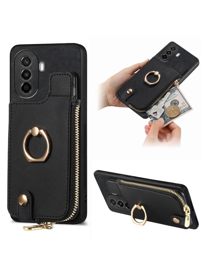 زبون جراب لهاتف Huawei nova Y70 / Y70+ مع حلقة جلدية متقاطعة وسحاب عمودي ومحفظة خلفية للهاتف - Image 1