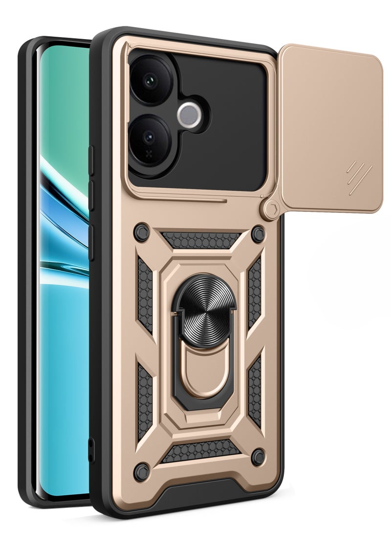 Shunjia Sliding Window Case, Shockproof Rugged Armor with Sliding Camera Cover & 360° Ring Kickstand, Compatible with VIVO V60 Lite 4G (Gold) - Image 1