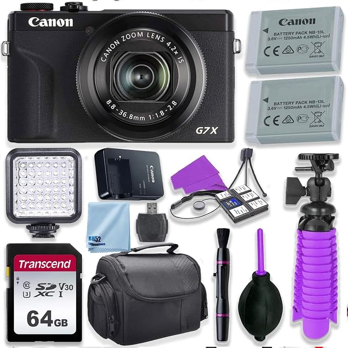 Canon PowerShot G7 X Mark III Camera w/ 1 Inch Sensor & 4k Video - Wi-Fi & Bluetooth Enabled (Black) & LED Video Light, 64GB Transcend Memory Card, Extra Battery + Accessory Bundle (Renewed) - Image 1