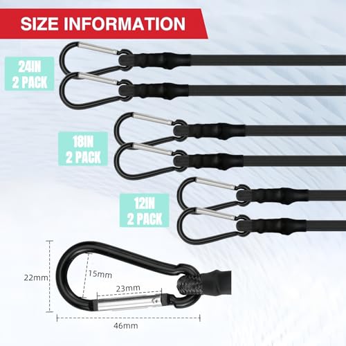 Xfopz 6 Pcs Carabiner Bungee Cords with Hooks- Heavy Duty Bungee Straps Strong Elastic Rope for Outdoor Tent, Luggage Rack, Camping, Cargo, RV, Bike, Transporting,100 LBS Max Break Strength - Image 2