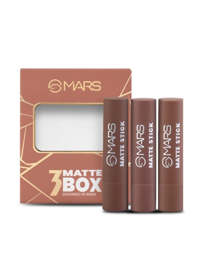 مارس مجموعة مارس ماتيه، ٣ أحمر شفاه للنساء | يدوم طويلًا | لمسة نهائية ناعمة | مرطب | لون موحد بلمسة واحدة (٣ × ٣٫٢ غرام) (٠٤-بني) - Image 1