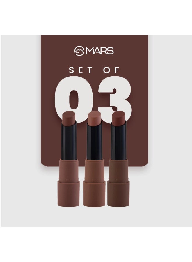مارس مجموعة مارس ماتيه، ٣ أحمر شفاه للنساء | يدوم طويلًا | لمسة نهائية ناعمة | مرطب | لون موحد بلمسة واحدة (٣ × ٣٫٢ غرام) (٠٤-بني) - Image 2