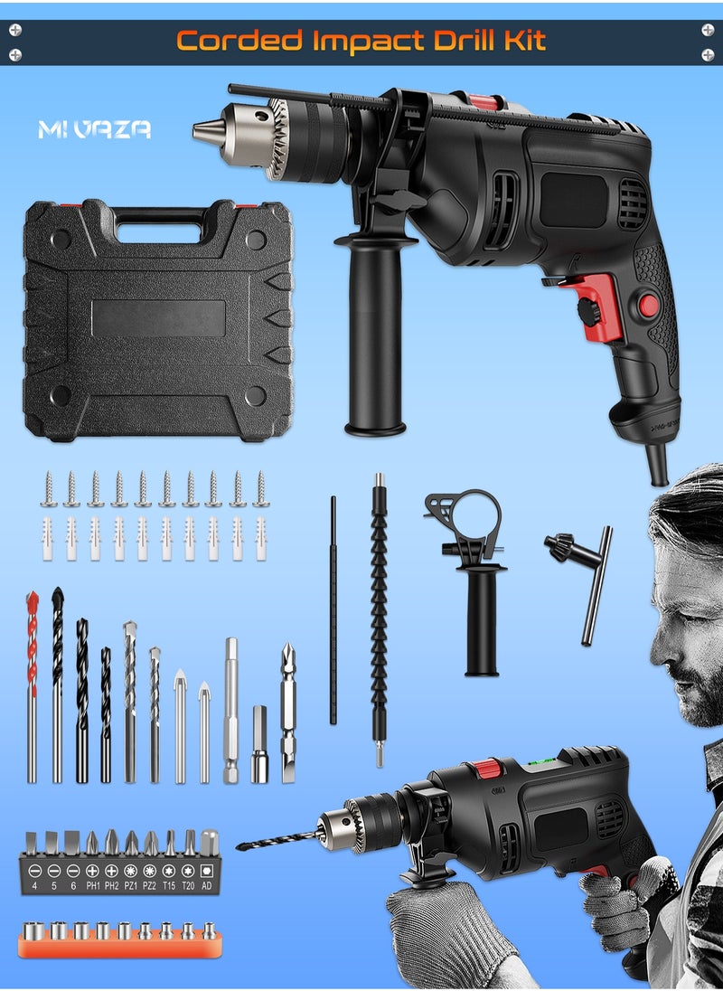 Mi VAZA Corded Hammer Drill - Electric Impact Drill Kit with Screws, Storage Box, Universal Shaft, Screwdriver Bit, Impact Drill Bit, Expansion Tube, Depth Gauge, Auxiliary Handle, Hexagon Socket - Home Tool Kit  - Image 1