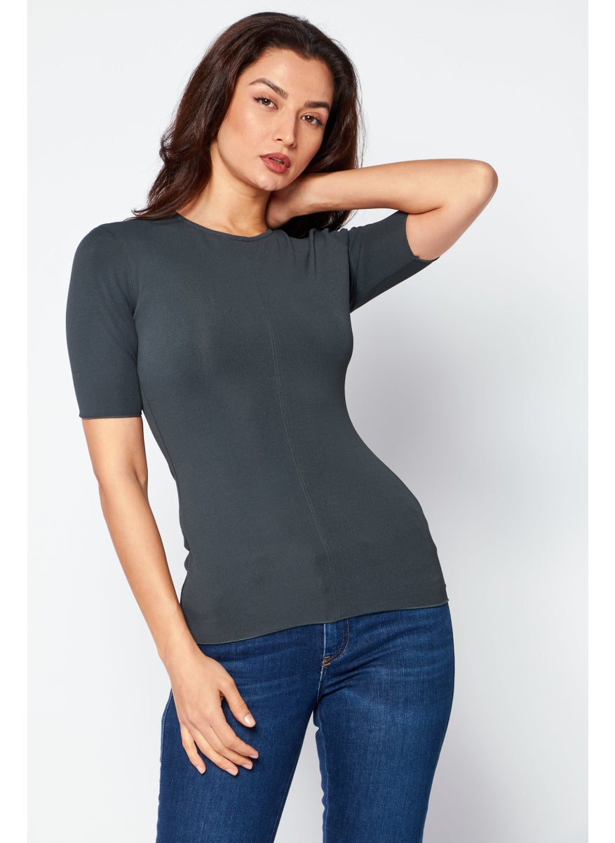 BOTTEGA VENETA - Women Crew Neck Short Sleeve Textured Top, Dark Grey - Image 1