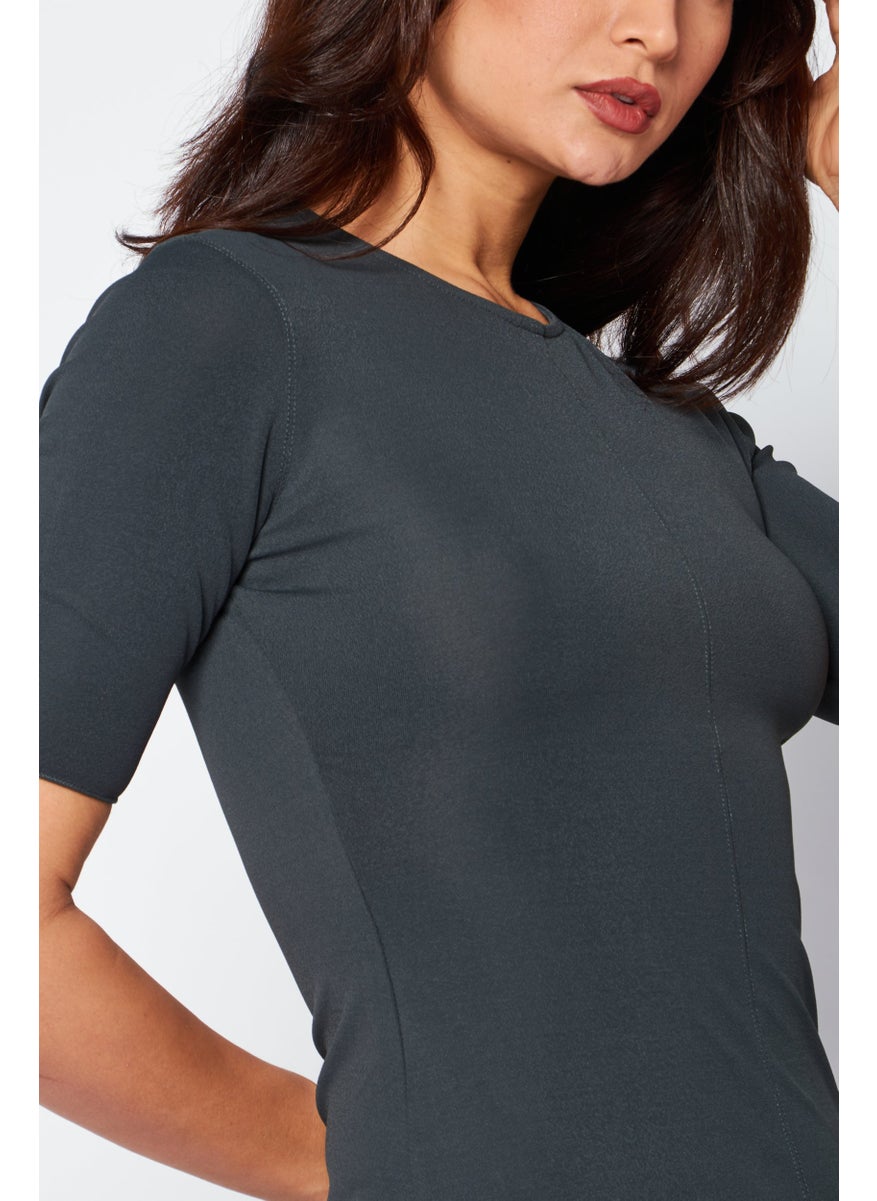 BOTTEGA VENETA - Women Crew Neck Short Sleeve Textured Top, Dark Grey - Image 1