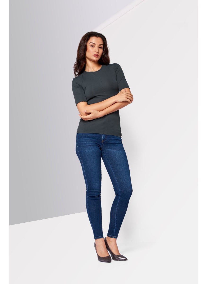 BOTTEGA VENETA - Women Crew Neck Short Sleeve Textured Top, Dark Grey - Image 1
