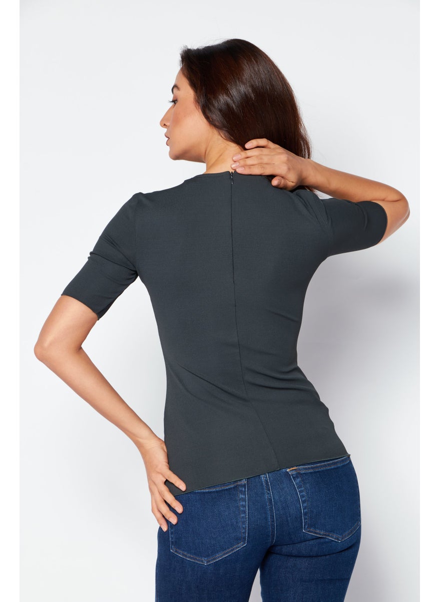 BOTTEGA VENETA - Women Crew Neck Short Sleeve Textured Top, Dark Grey - Image 1