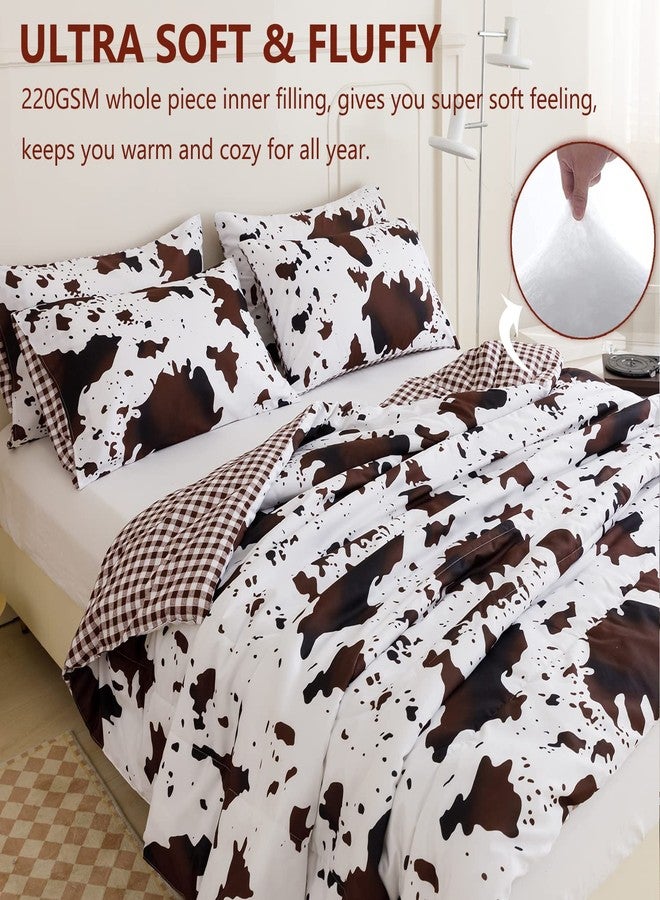 PERFEMET 3Pcs Cow Comforter Set King Size Rustic Cow Print Western Bedding Sets Farmhouse Reversible Checkered Cowhide Bed Quilt Set with Pillowcases (Brown White, King) - Image 3