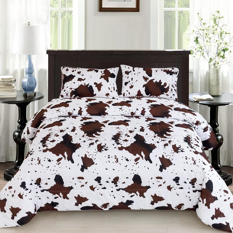 PERFEMET 3Pcs Cow Comforter Set King Size Rustic Cow Print Western Bedding Sets Farmhouse Reversible Checkered Cowhide Bed Quilt Set with Pillowcases (Brown White, King) - Image 1
