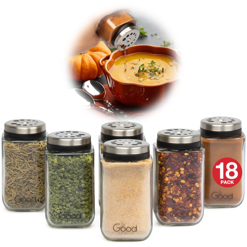 Adjustable Glass Spice Jars Set of 6 with 6 Pouring Sizes Stainless Steel LidCap Square Seasoning Bottle Containers for Minimalist Kitchen Pantry Storage Organization Fill Shaker w Salt Pepper