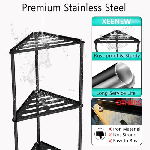 XEENEW Standing Shower Caddy Corner, 3 Tier Stainless Steel Shower Organizer Stand, Rustproof Corner Shower Shelves, Corner Shower Caddy Bathroom Shower Stand, Black - Image 2