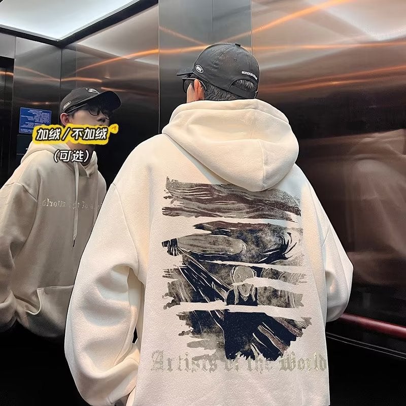 Trendy American Hoodie Men Autumn Winter Velvet Loose Casual Jacket White  - Image 1