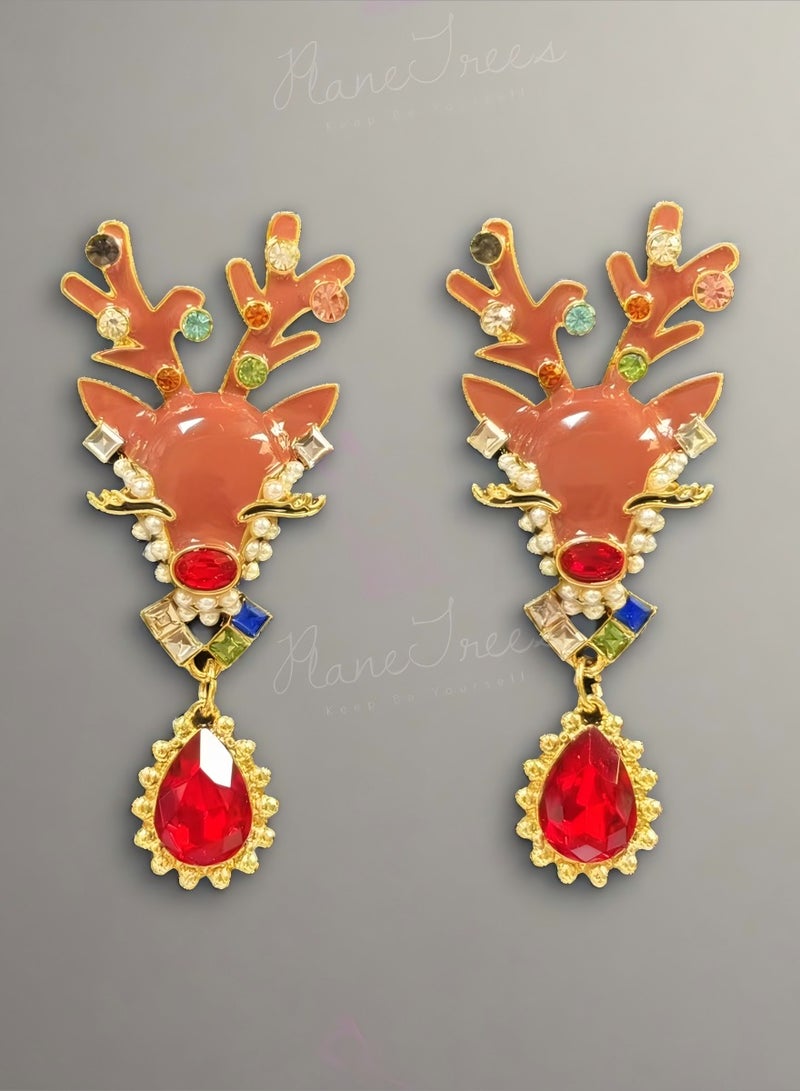 PLANE TREES Antler Shaped Drop Earrings – Enamel Finish with Red Gemstone Pendant - Image 1