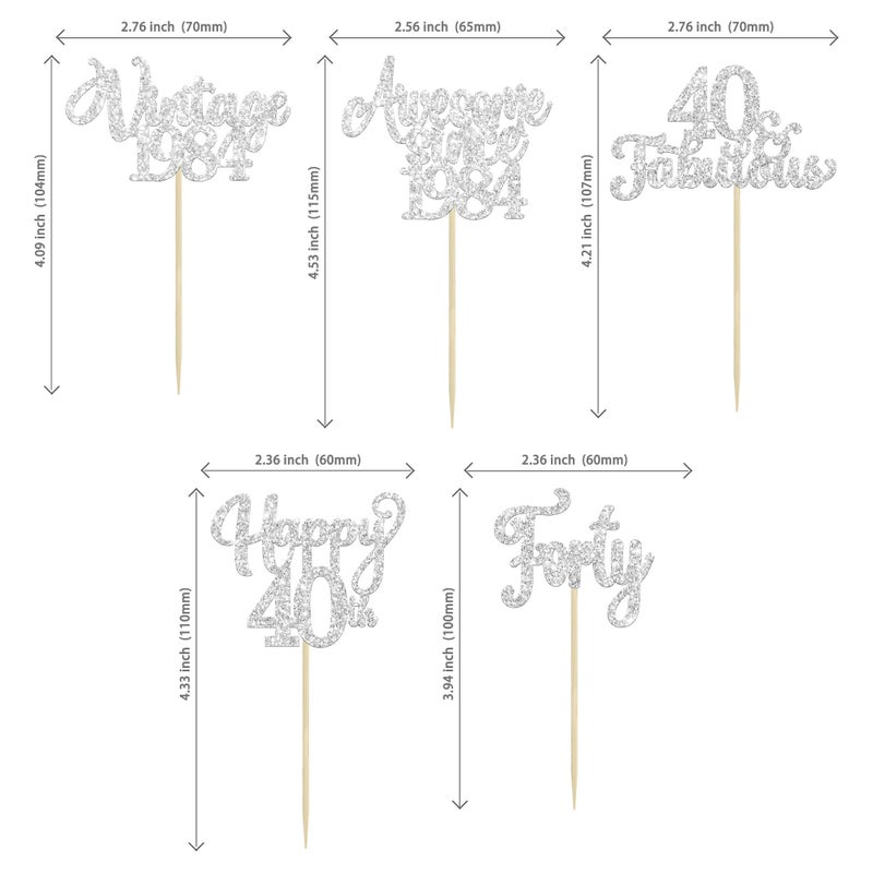 Ephlyn 30Pcs Happy 40th Birthday Cupcake Toppers Glitter Forty Vintage 1984 Cupcake Picks Cheers to 40 Fabulous Cake Decorations for 40th Birthday Wedding Anniversary Party Supplies Silver - Image 2