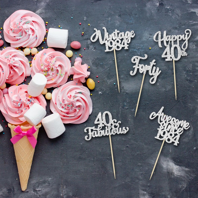 Ephlyn 30Pcs Happy 40th Birthday Cupcake Toppers Glitter Forty Vintage 1984 Cupcake Picks Cheers to 40 Fabulous Cake Decorations for 40th Birthday Wedding Anniversary Party Supplies Silver - Image 3