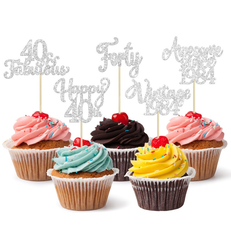 Ephlyn 30Pcs Happy 40th Birthday Cupcake Toppers Glitter Forty Vintage 1984 Cupcake Picks Cheers to 40 Fabulous Cake Decorations for 40th Birthday Wedding Anniversary Party Supplies Silver - Image 1