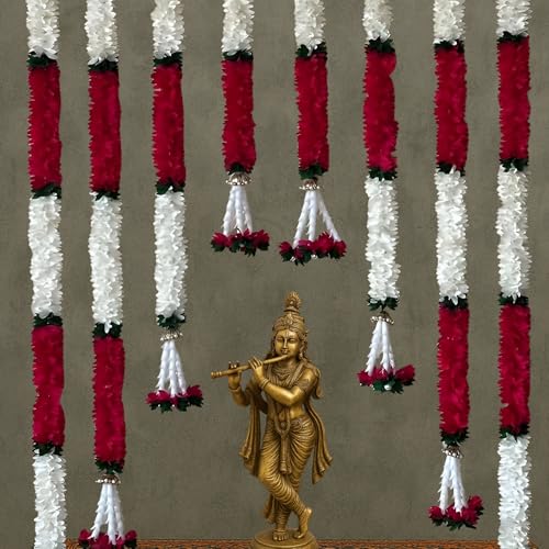 RR Crafts 5 Pcs Bell White Red gajra Hangings Decoration for Home | Artificial Mogra Garlands 3 ft Each | Mandir Pooja Room Ganpati Lakshmi Varalakshmi Diwali Door Wall Decor Backdrop Festival - Image 2