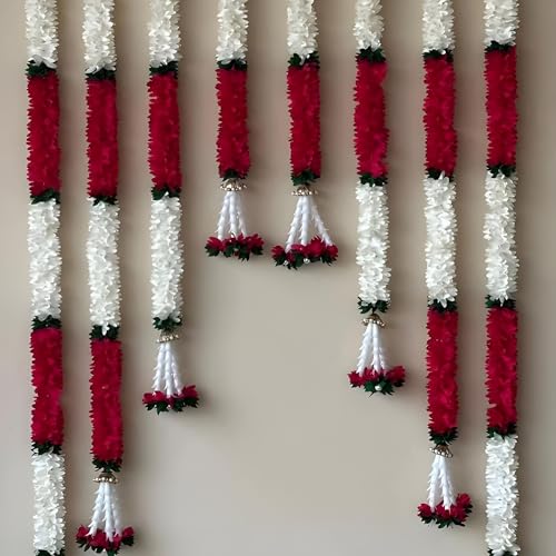 RR Crafts 5 Pcs Bell White Red gajra Hangings Decoration for Home | Artificial Mogra Garlands 3 ft Each | Mandir Pooja Room Ganpati Lakshmi Varalakshmi Diwali Door Wall Decor Backdrop Festival - Image 1