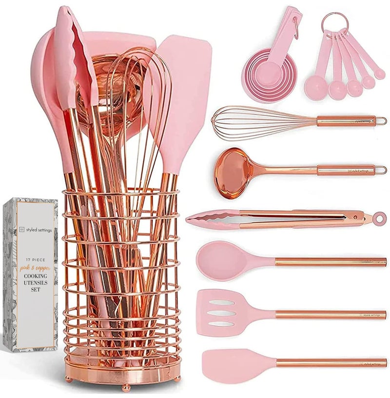 Copper and Pink Kitchen Utensils Set  17Piece Silicone Cooking Tools with Copper Utensil Holder and Pink Measuring Cups and Spoons for Baking and Everyday Cooking  Stylish Kitchen Accessories