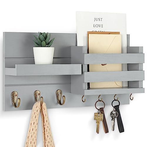 Lwenki Mail Organizer for Wall Mount – Key Holder with Shelf Includes Letter Holder and Hooks for Coats, Dog Leashes – Rustic Wood with Flush Mounting Hardware (16.5” x 8.7” x 3.5”) (Gray) - Image 1