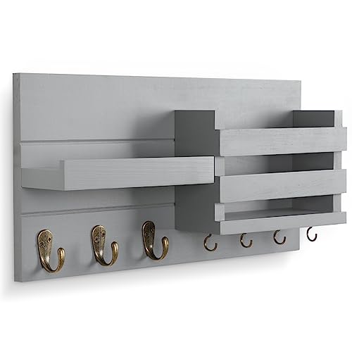 Lwenki Mail Organizer for Wall Mount – Key Holder with Shelf Includes Letter Holder and Hooks for Coats, Dog Leashes – Rustic Wood with Flush Mounting Hardware (16.5” x 8.7” x 3.5”) (Gray) - Image 2