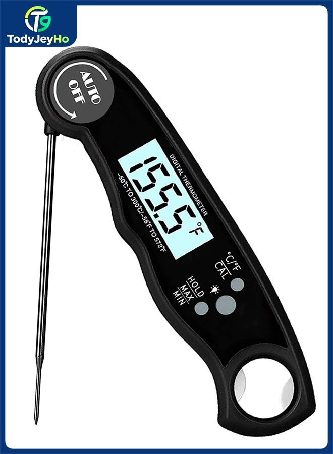 تودي جي هو مقياس حرارة اللحوم الرقمي، مقياس حرارة الطعام للقراءة الفورية مع شاشة LCD للإضاءة الخلفية، مسبار طويل قابل للطي، تشغيل/إيقاف تشغيل تلقائي، مثالي للمطبخ، ماء، لحم، لبن، طهي طعام (أسود) - Image 1