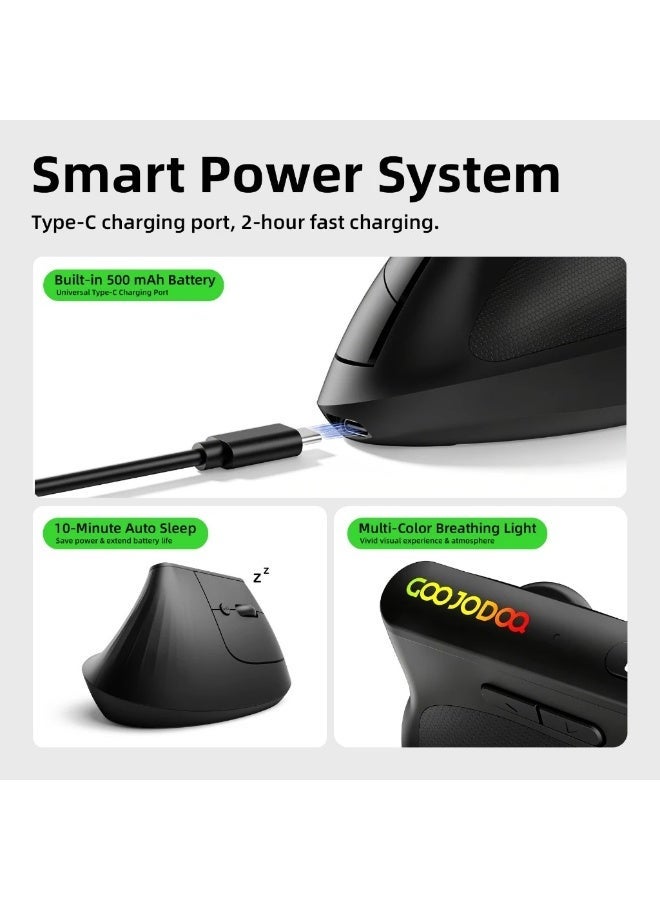 GOOJODOQ Wireless Ergonomic Vertical Mouse, Bluetooth 5.0 & 2.4GHz, Adjustable DPI, Type-C Charging - Image 3