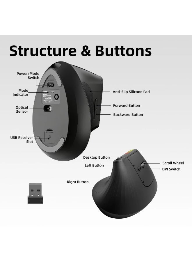 GOOJODOQ Wireless Ergonomic Vertical Mouse, Bluetooth 5.0 & 2.4GHz, Adjustable DPI, Type-C Charging - Image 2