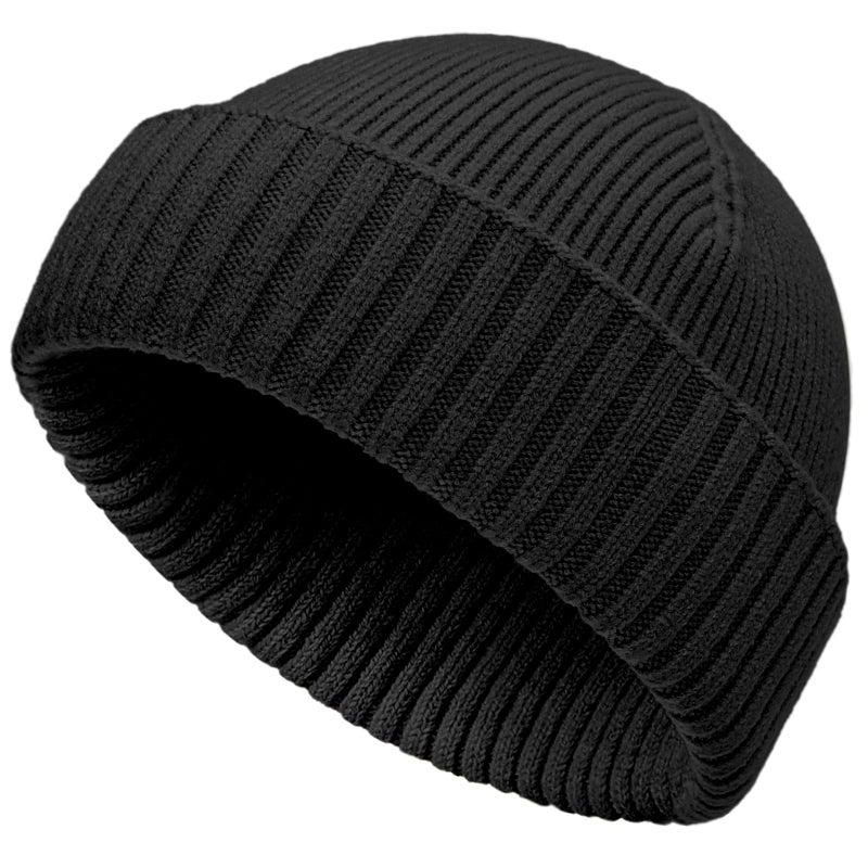 vidsel 50% Wool Double Cuff Knit Beanie Hat for Men Women, Short Fisherman/Slouchy Winter Skull Cap Trawler Watch Cap, Black - Image 1