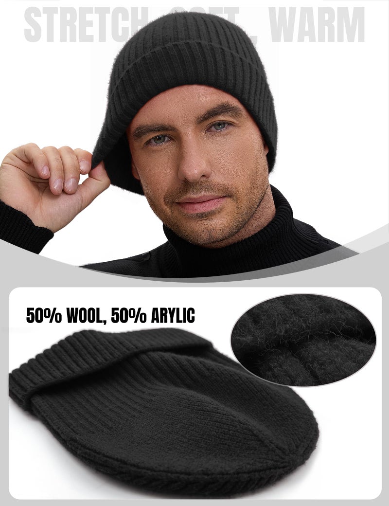 vidsel 50% Wool Double Cuff Knit Beanie Hat for Men Women, Short Fisherman/Slouchy Winter Skull Cap Trawler Watch Cap, Black - Image 2