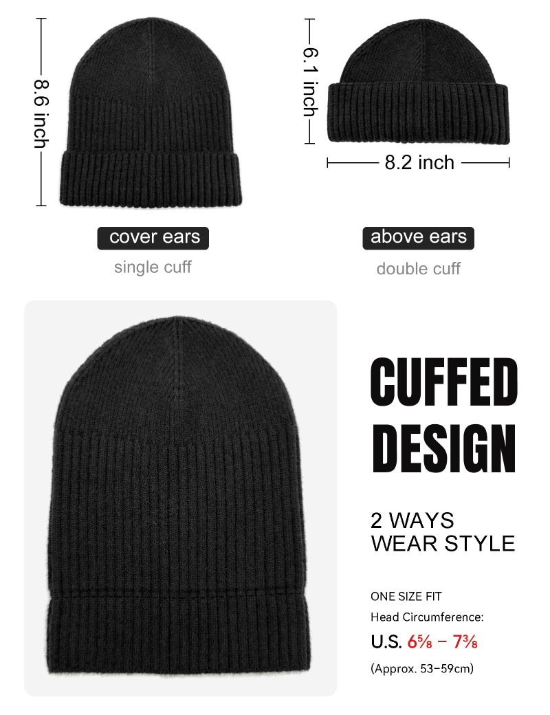 vidsel 50% Wool Double Cuff Knit Beanie Hat for Men Women, Short Fisherman/Slouchy Winter Skull Cap Trawler Watch Cap, Black - Image 3