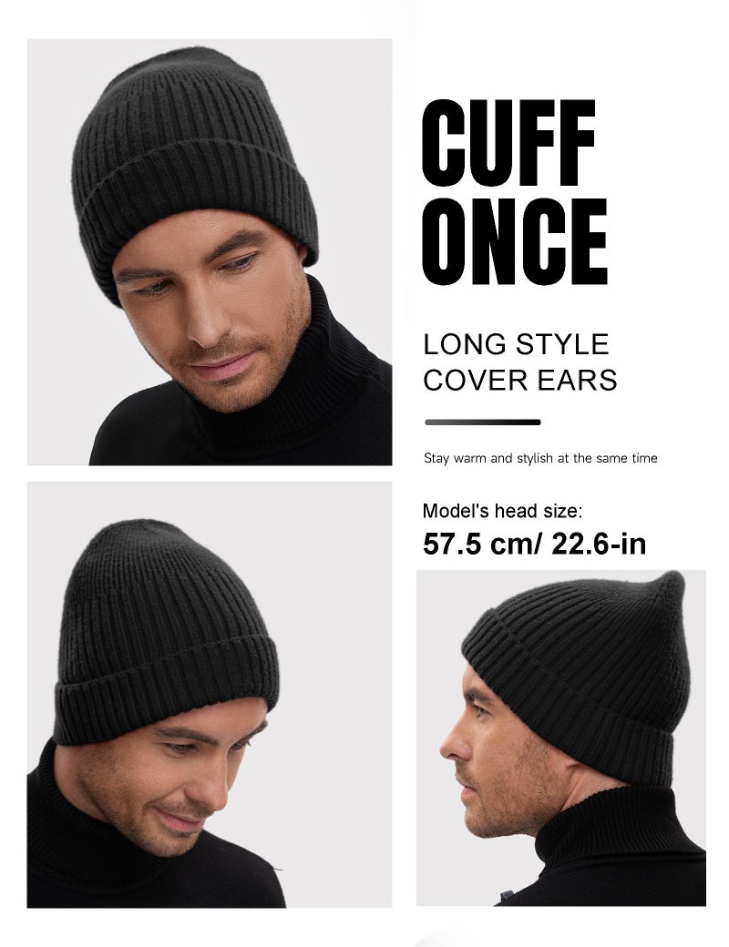 vidsel 50% Wool Double Cuff Knit Beanie Hat for Men Women, Short Fisherman/Slouchy Winter Skull Cap Trawler Watch Cap, Black - Image 4