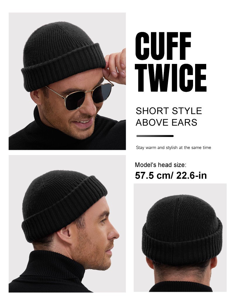 vidsel 50% Wool Double Cuff Knit Beanie Hat for Men Women, Short Fisherman/Slouchy Winter Skull Cap Trawler Watch Cap, Black - Image 5