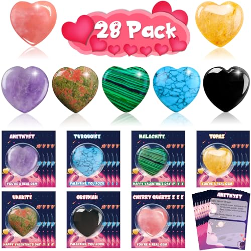 Arfun Valentines Day Gifts for Kids Classroom 28 Pack Valentines Cards Goodie Bags with Heart Gem Stones Valentine Exchange Party Favors Healing Crystal Gemstone Rocks for Girls Boys School Class - Image 1