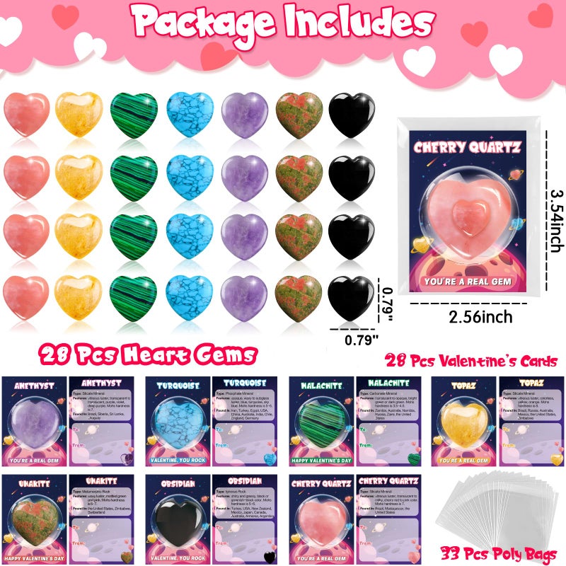 Arfun Valentines Day Gifts for Kids Classroom 28 Pack Valentines Cards Goodie Bags with Heart Gem Stones Valentine Exchange Party Favors Healing Crystal Gemstone Rocks for Girls Boys School Class - Image 3