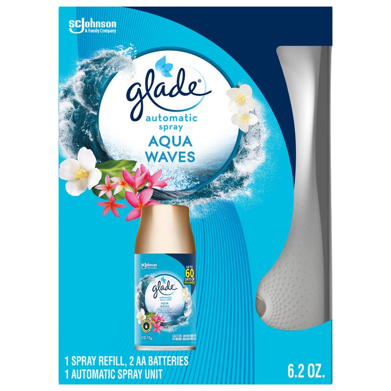 Glade Automatic Spray Refill and Holder Kit, Air Freshener for Home and Bathroom, Aqua Waves, 6.2 Oz - Image 1