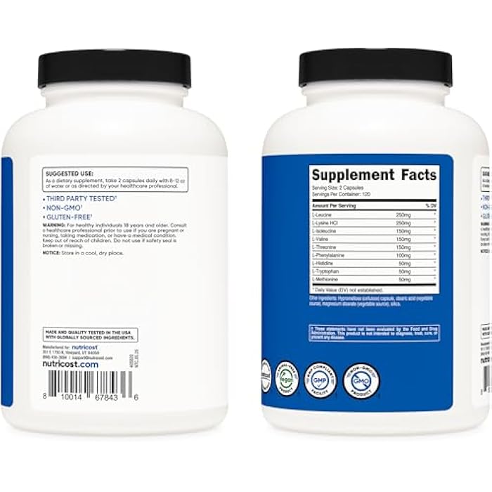 Nutricost EAA Capsules 1200mg, 240 Capsules - Essential Amino Acids, 120 Servings - Non-GMO, Gluten Free & Vegan - Image 4