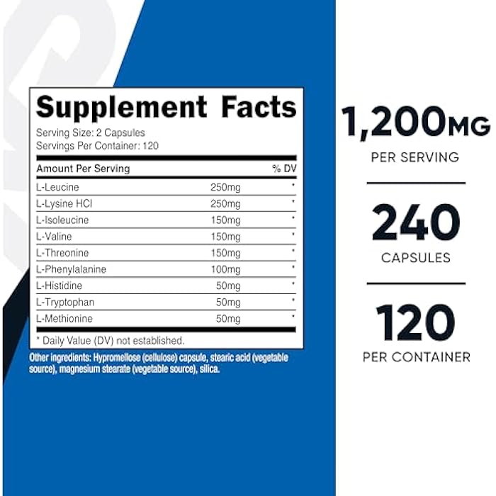 Nutricost EAA Capsules 1200mg, 240 Capsules - Essential Amino Acids, 120 Servings - Non-GMO, Gluten Free & Vegan - Image 2