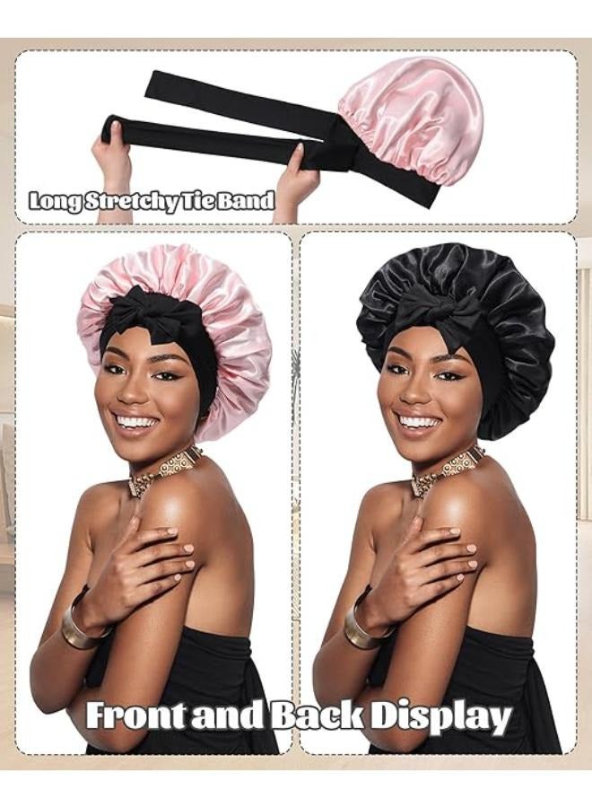 Generic Satin Bonnet Silk Bonnet for Sleeping Silk Sleep Cap Double Layer Hair Bonnet with Elastic Tie Band for Curly Hair Night Cap  - Image 2