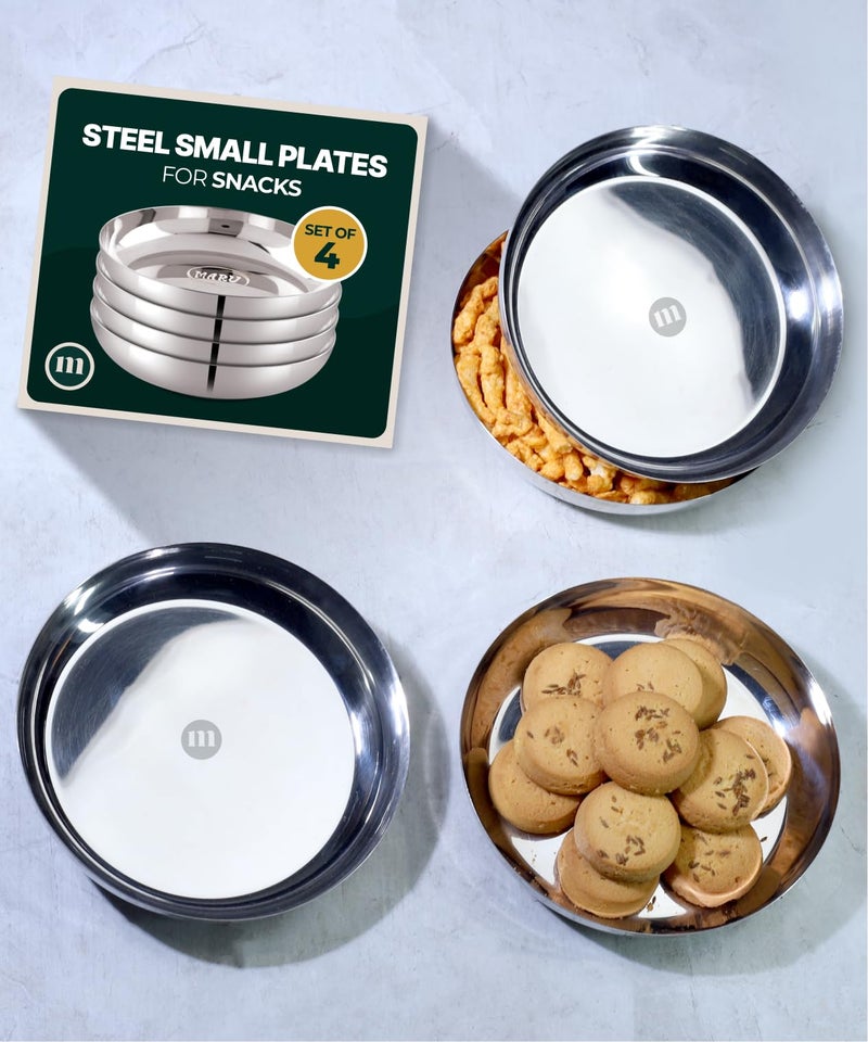 MARU Steel Small Round Snacks/Serving Plates Set of 4 (18 cm Each), Multi-Utility Quarter/Diet Plates for Small Meals with Mirror Finish Design, Perfect for Breakfast, Nashta, Dessert & Daily Use - Image 1