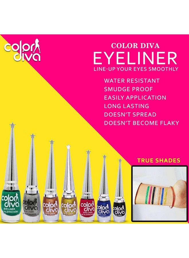 Color Diva Eye Liner Water Resistant Longlasting 6Ml (Pink Blue Black Green Grey Copper Gold) Matte Shimmery & Satin Finish - Image 3