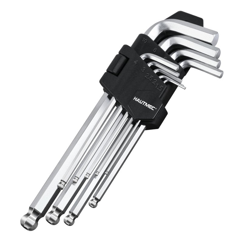 HAUTMEC Metric Allen Wrenches Sets with Ball End 9PCS L Shape Hex Key Set CRV Steel Allen Key Set 1510mm Industrial Grade Strength Helping HT0223SS