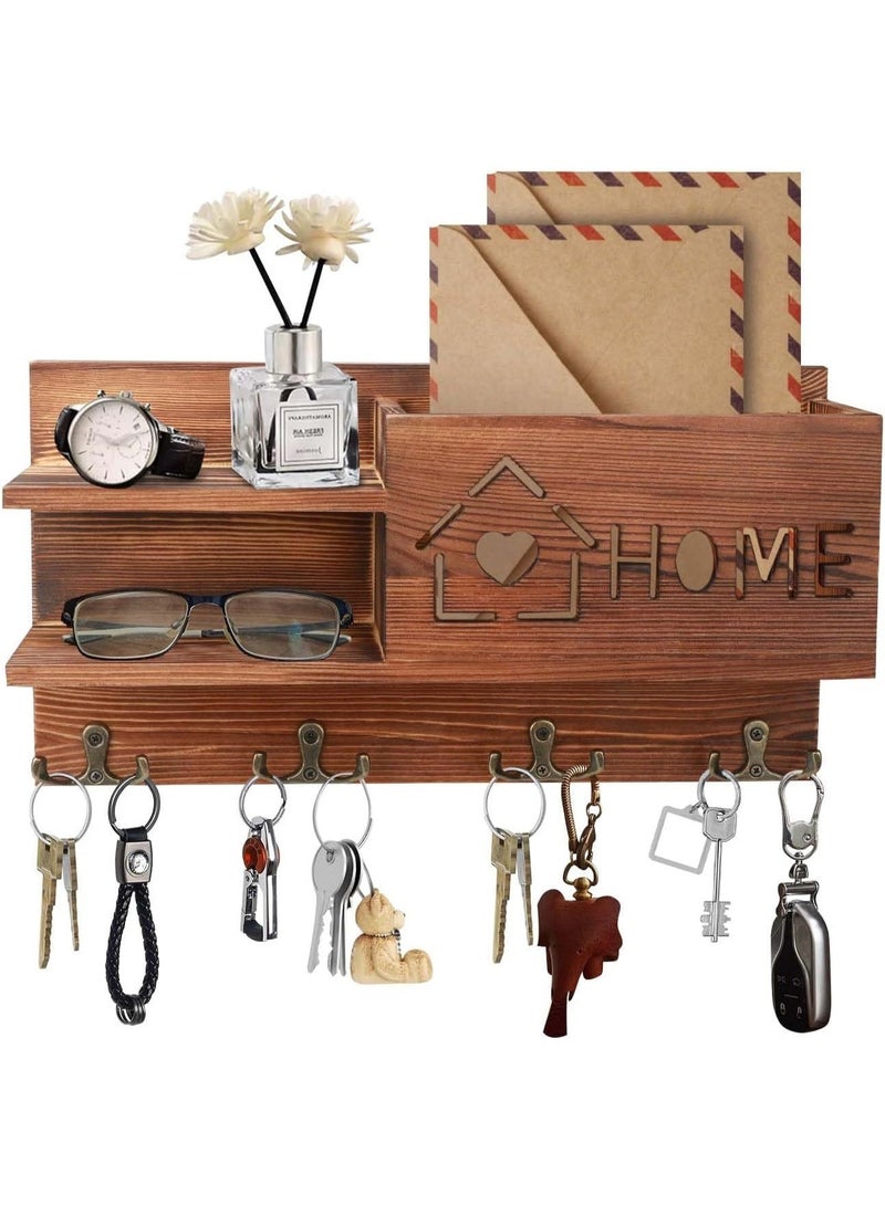 Gocokia Mail and Key Holder for Wall Decorative, Wooden Mail Organizer with 4 Double Key Hooks, Wall Mounted Key Hangers with Mailbox, Home Decor for Entryway Mudroom Hallway Office - Image 1